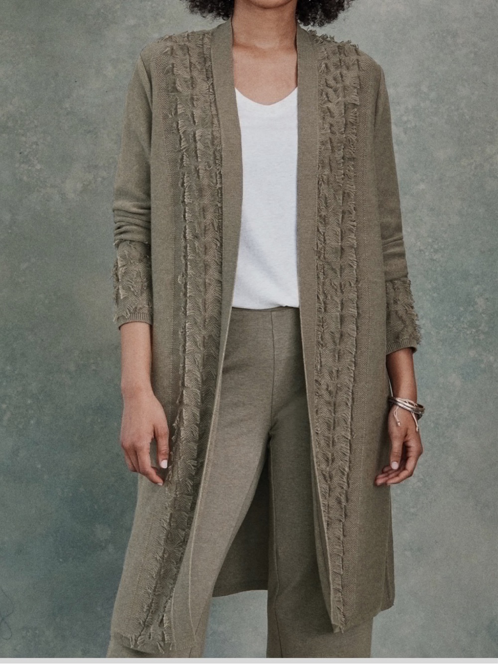 J. Jill Pure Jill Clipped Jacquard Long Cardi Olive Heather Green Large Cardigan
